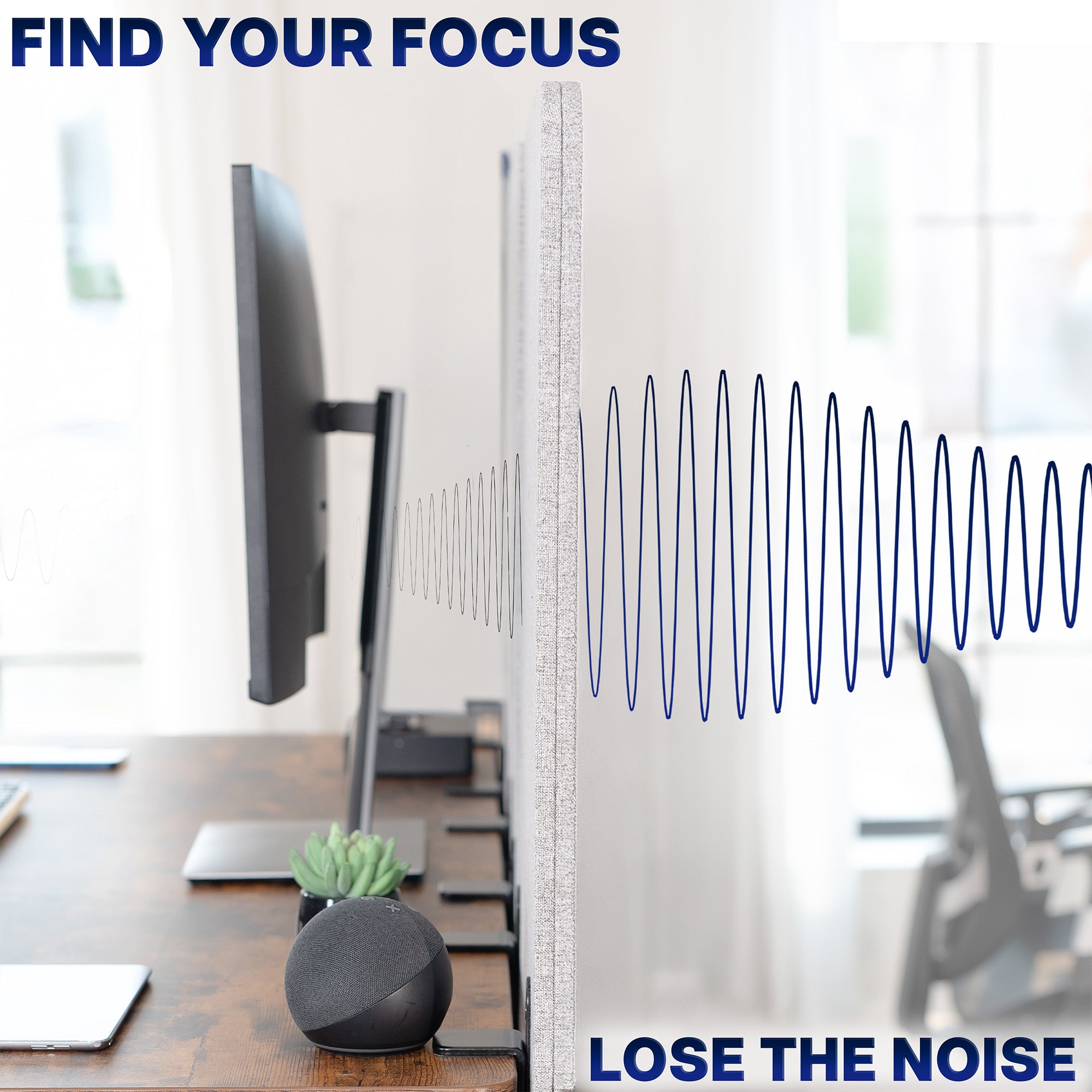 Modern office setup with computer monitors and desk accessories with a clamp-on desk privacy panel, featuring text 'Find Your Focus, Lose The Noise'.