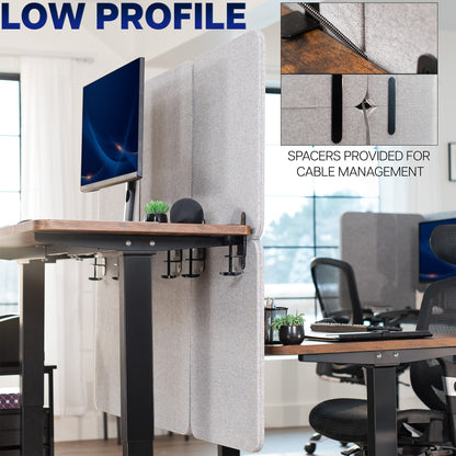 Low Profile Full Height Clamp-on Desk Privacy Panels (x3) with spacers provided for cable management.