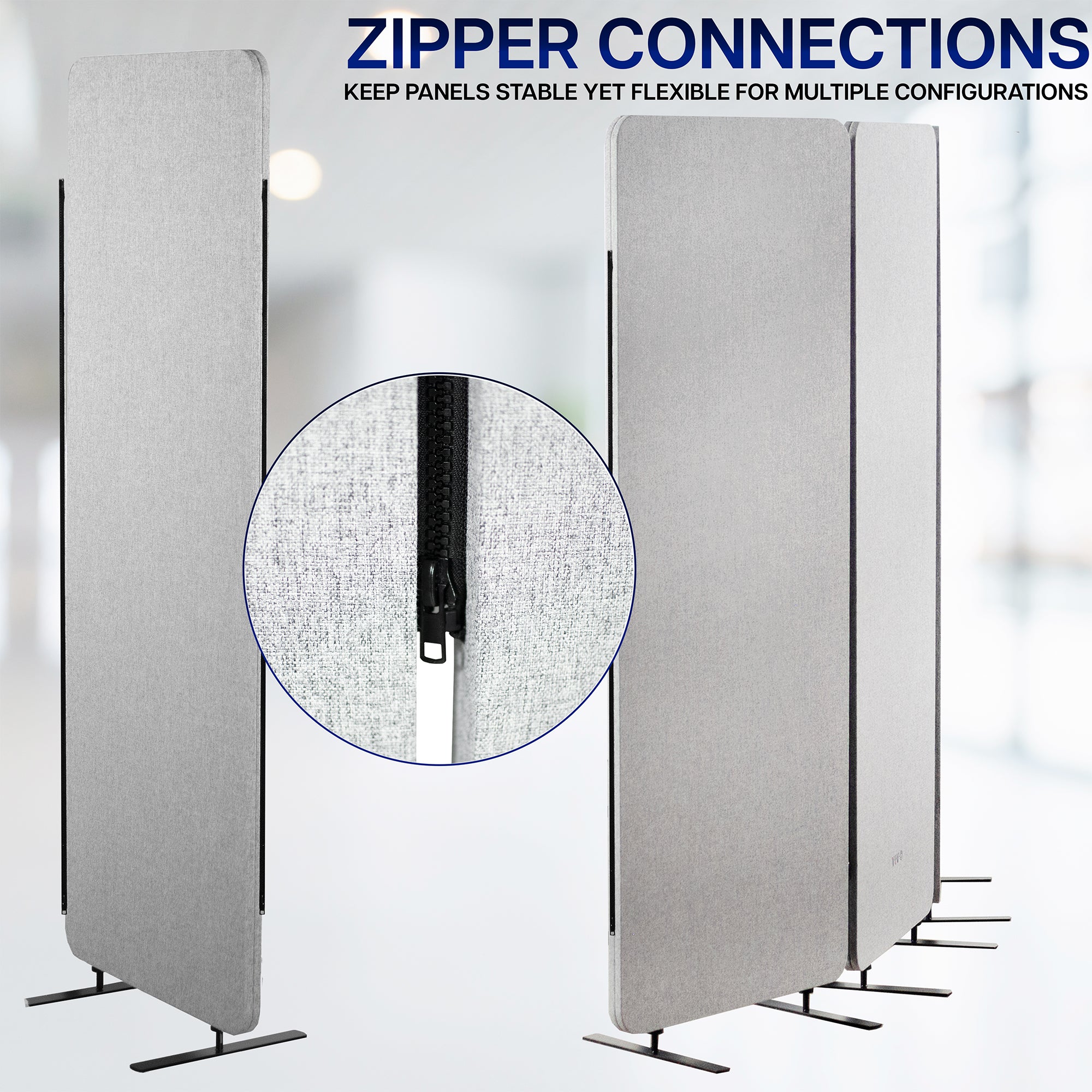 Room divider panels with zipper connections and text highlighting their stability and flexibility.