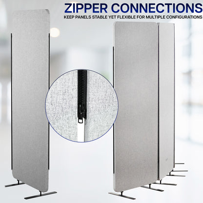 Room divider panels with zipper connections and text highlighting their stability and flexibility.