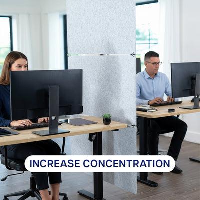 Two people working at desks with computer monitors, text 'Increase Concentration' overlayed with a panel in between them. 