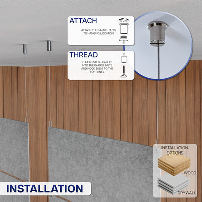 Installation process of the hanging system with labeled steps on a wooden and gray wall background.