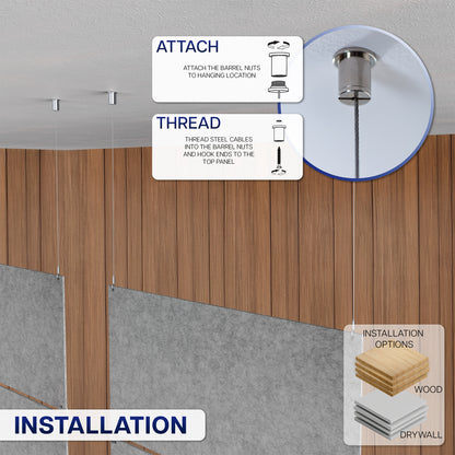 Installation guide graphic showing how to hang and thread steel cables for a ceiling-mounted partition system, with labeled steps for ATTACH and THREAD, a circular close-up of the hardware, and an installation options inset showing wood and drywall.