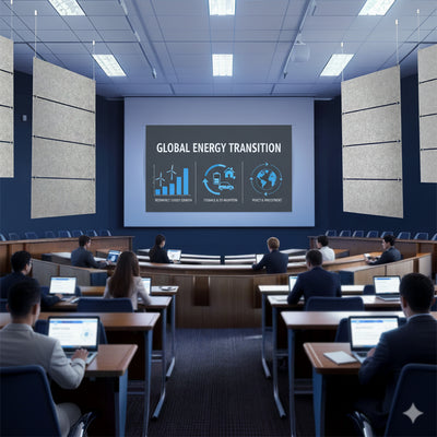 Classroom with students using laptops, facing a screen displaying 'Global Energy Transition' with acoustic hanging panels on sides. 