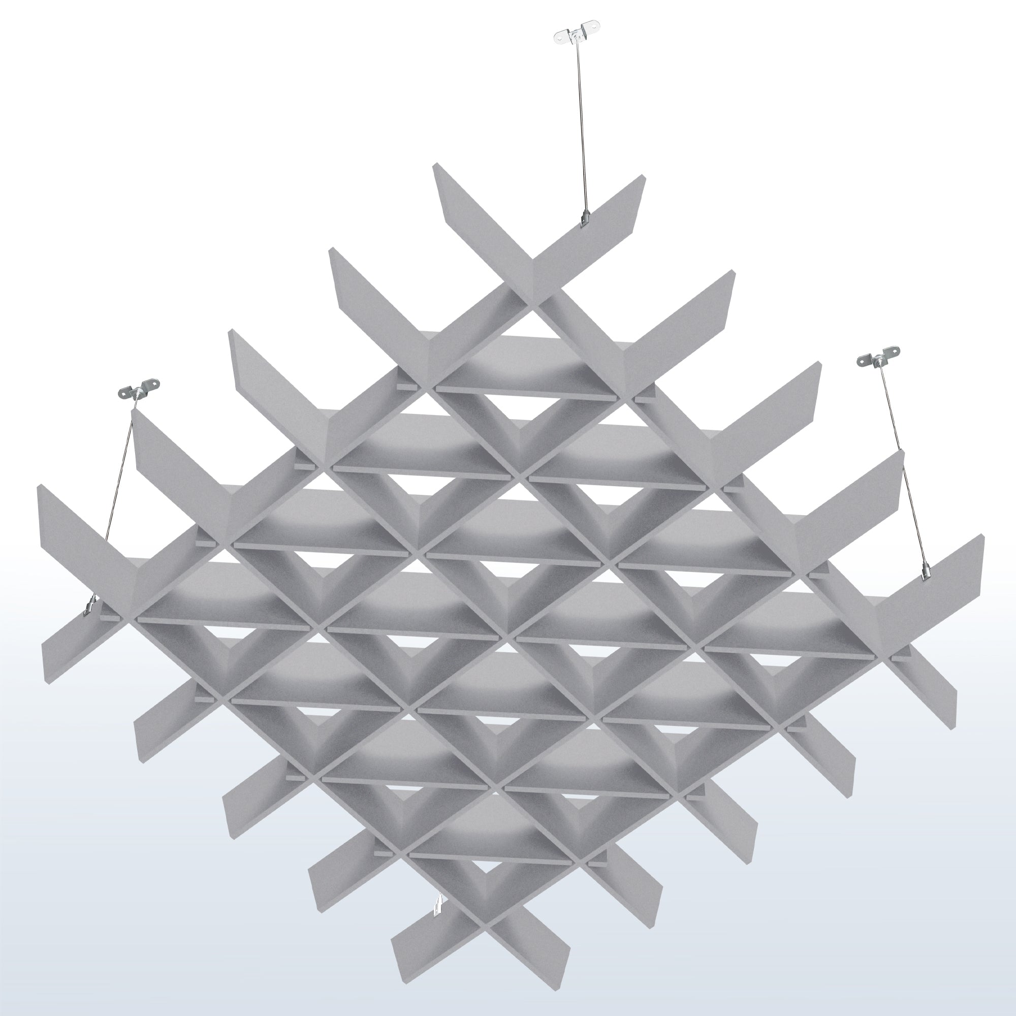 A light gray acoustic dual-layer ceiling waffle panel with a geometric pattern, mounted on a ceiling.