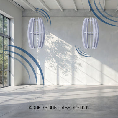 A large oval-shaped acoustic ceiling sound absorber in a light gray color, designed to be suspended from the ceiling.