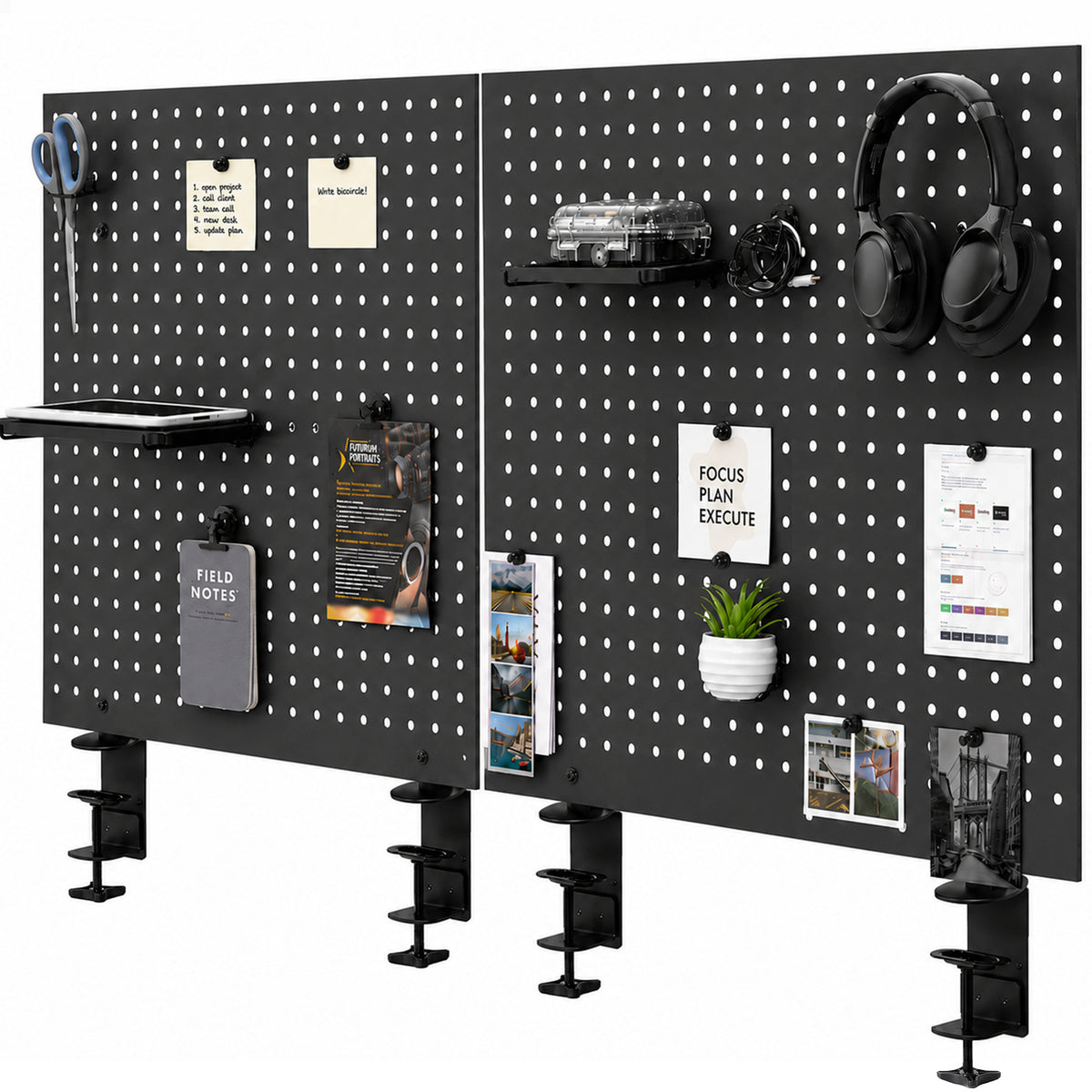 Clamp-on Desk Back Pegboard Panel & Accessory Holder on white background