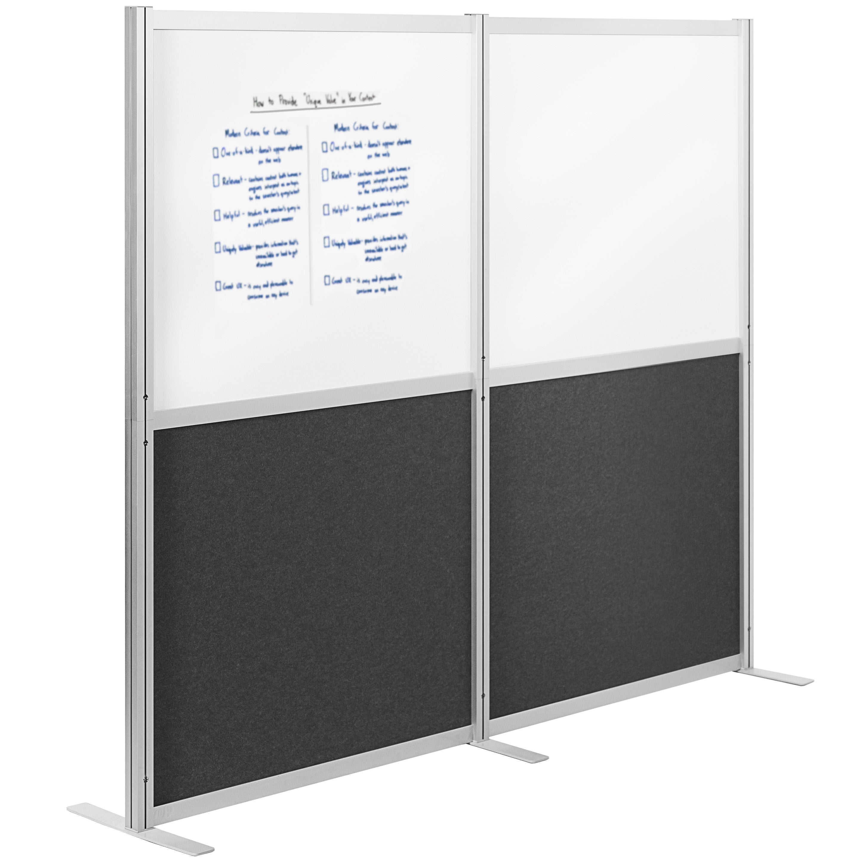 Freestanding privacy panels with whiteboard surfaces for an ergonomic office partition solution.