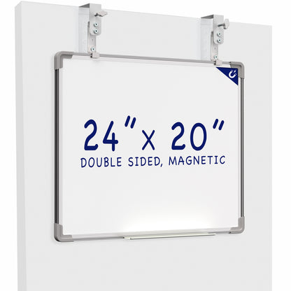 White, double-sided magnetic dry erase board mounted on a white wall. 