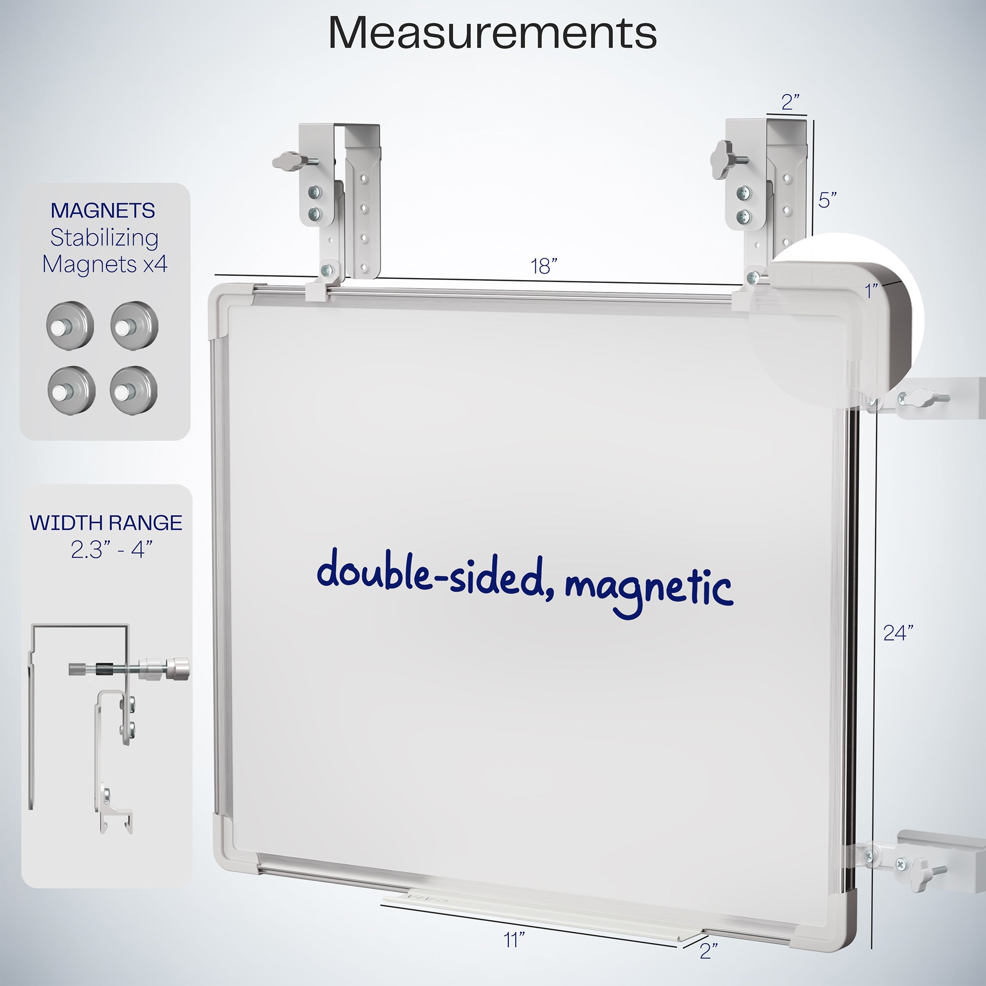 White, double-sided magnetic dry erase board with measurement text. 