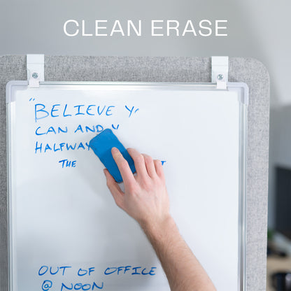 White, double-sided magnetic dry erase board mounted on a gray wall with text displaying easy erasing. 
