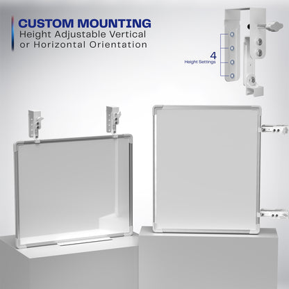White, double-sided magnetic dry erase board mounted on a white wall. 