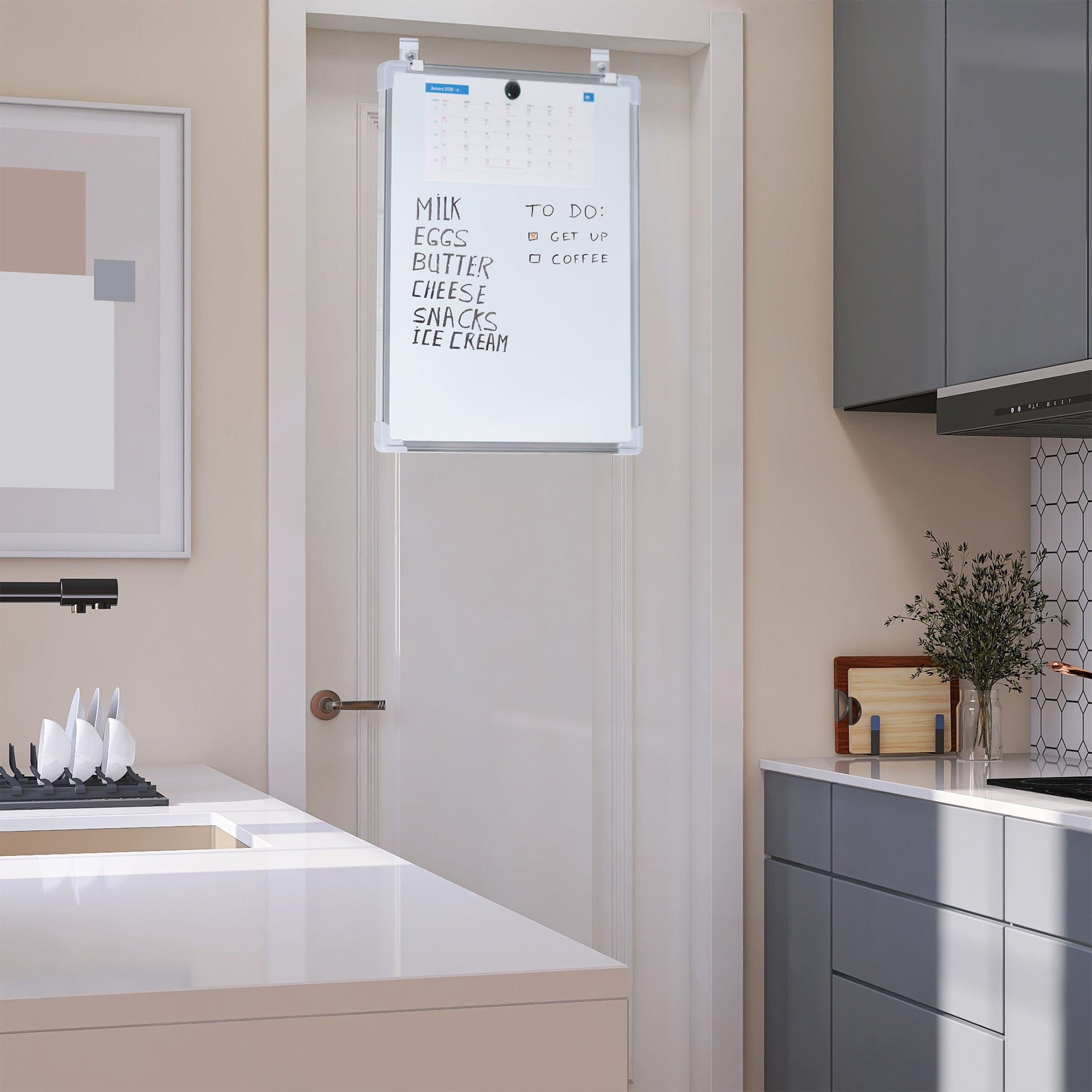 White, double-sided magnetic dry erase board mounted on a kitchen door. 