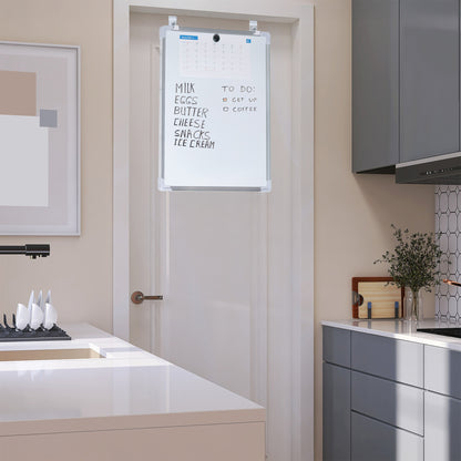White, double-sided magnetic dry erase board mounted on a kitchen door. 