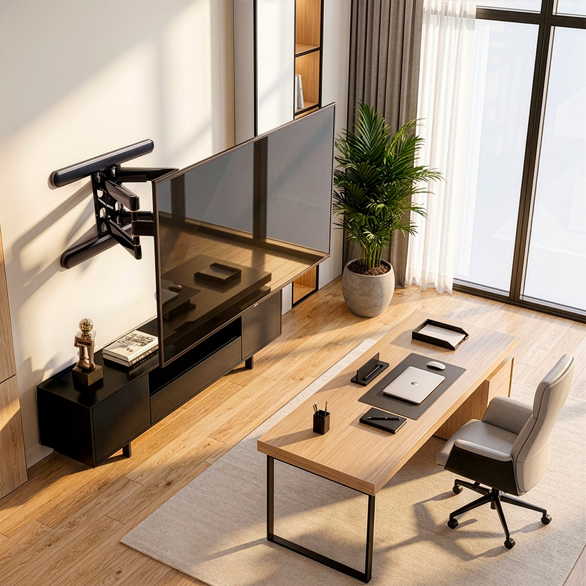 VIVO PRO full motion TV wall mount holding a large flat-screen TV above a desk in a modern home office