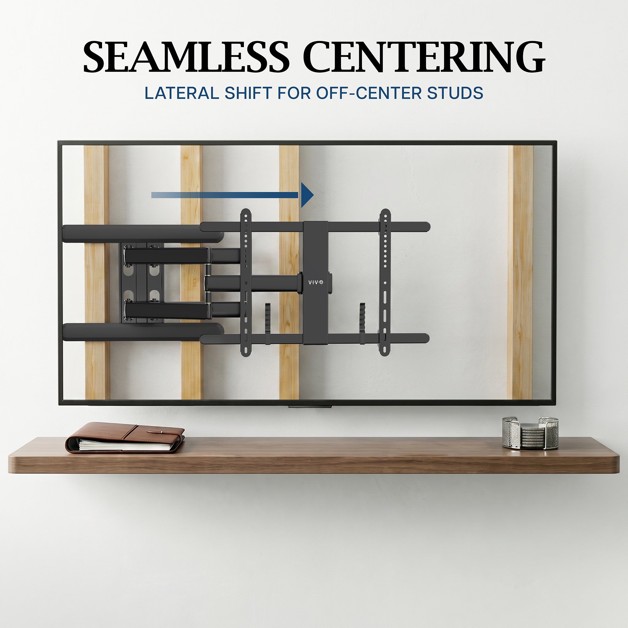 Full motion TV wall mount with adjustable articulating arms for precise screen centering and positioning