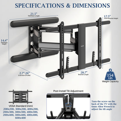 VIVO PRO full motion TV wall mount dimensions showing adjustable extension, tilt, and mounting specifications