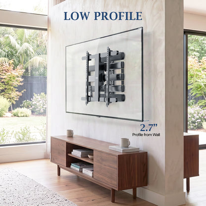Low-profile articulating TV wall mount folding close to the wall for a clean, space-saving installation