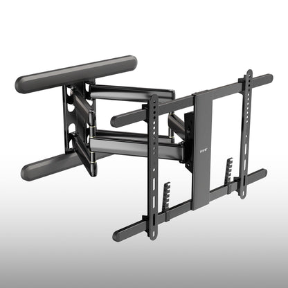 A black adjustable TV wall mount with articulated arms and mounting plates, shown on a light gray gradient background.
