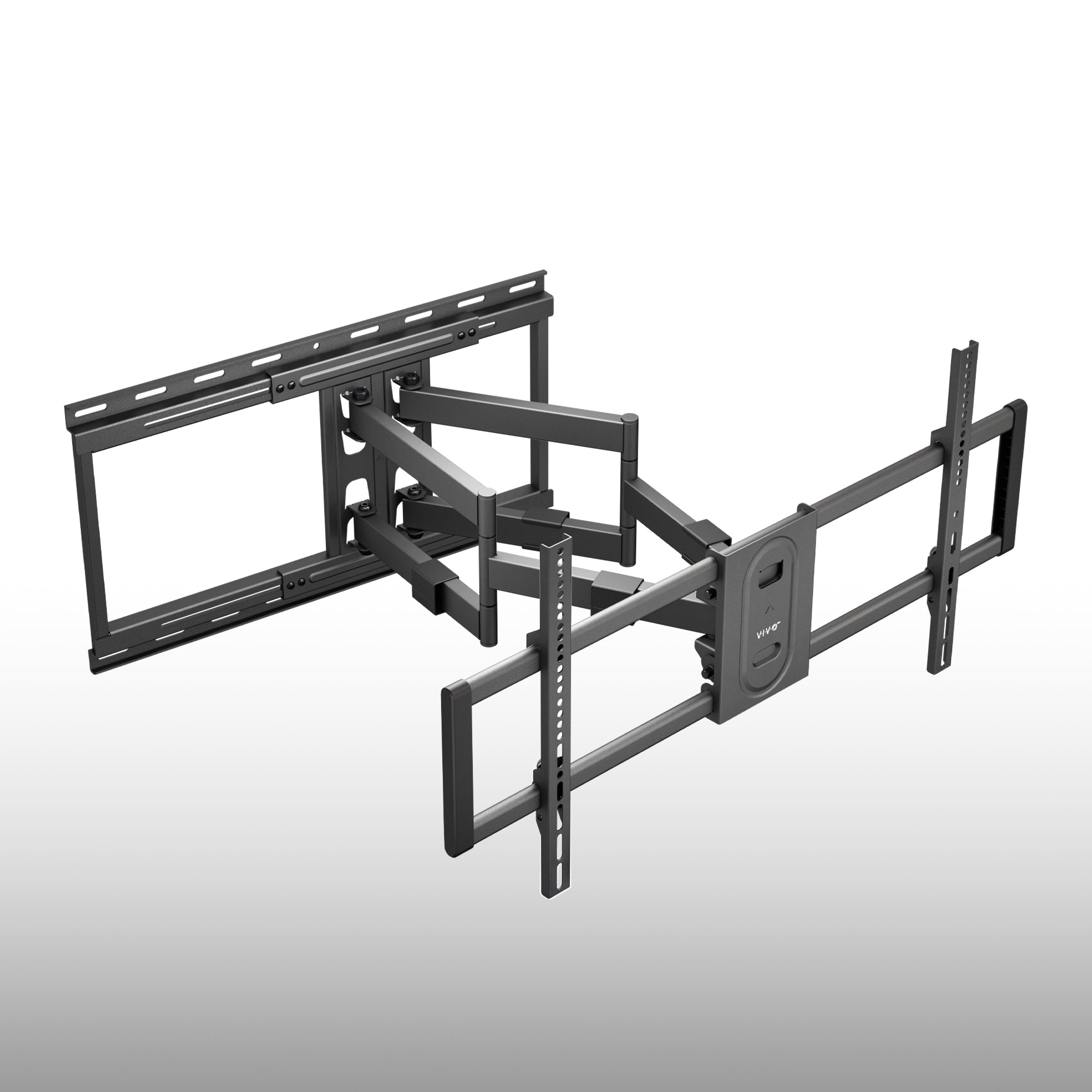 A black adjustable flat-screen TV wall mount bracket shown at an angle on a light gray gradient background.