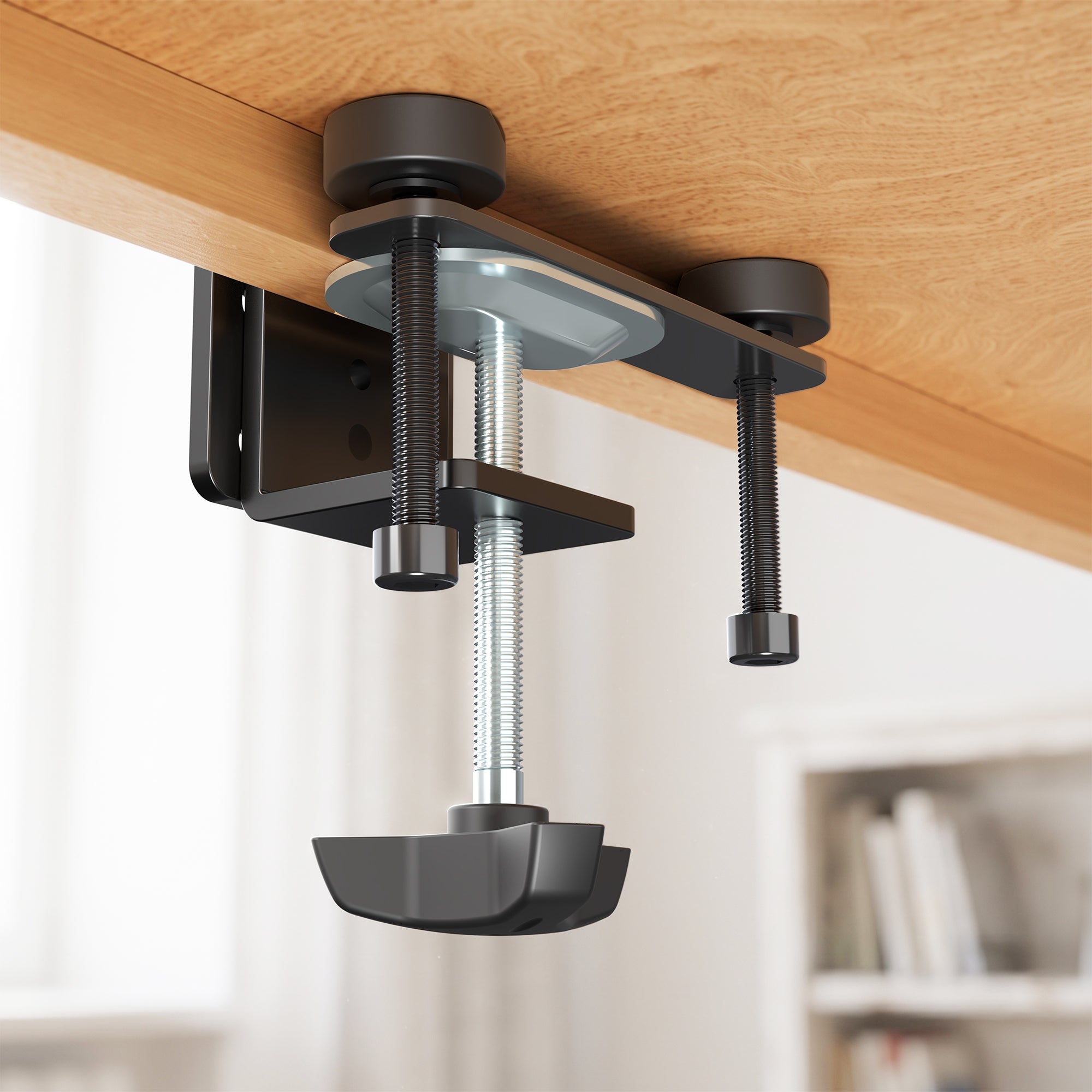 Clamp extension part installed under a thick desktop to extend the mounting range of a desk clamp