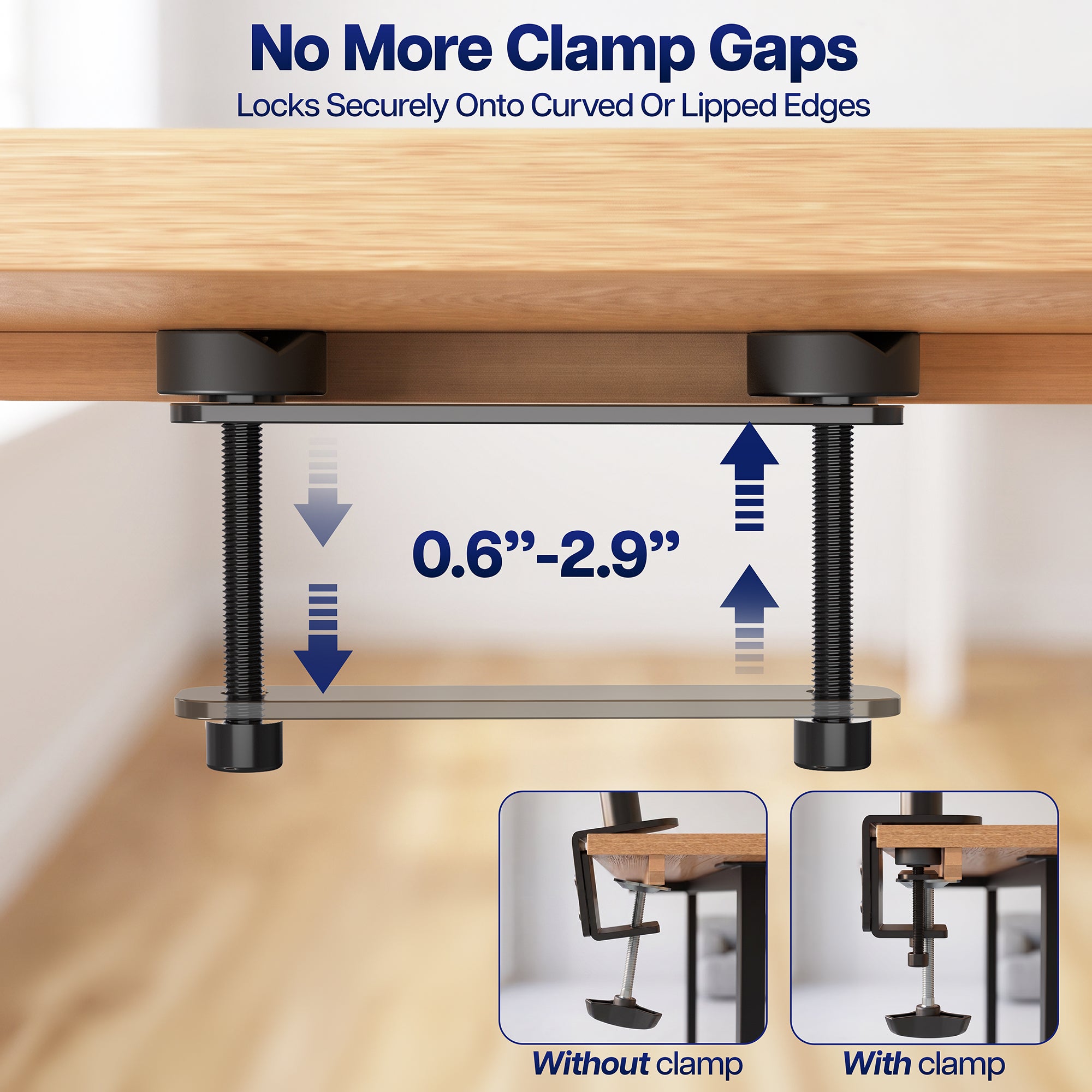 Desk clamp extension adapter increasing clamp clearance to fit thicker desktop surfaces