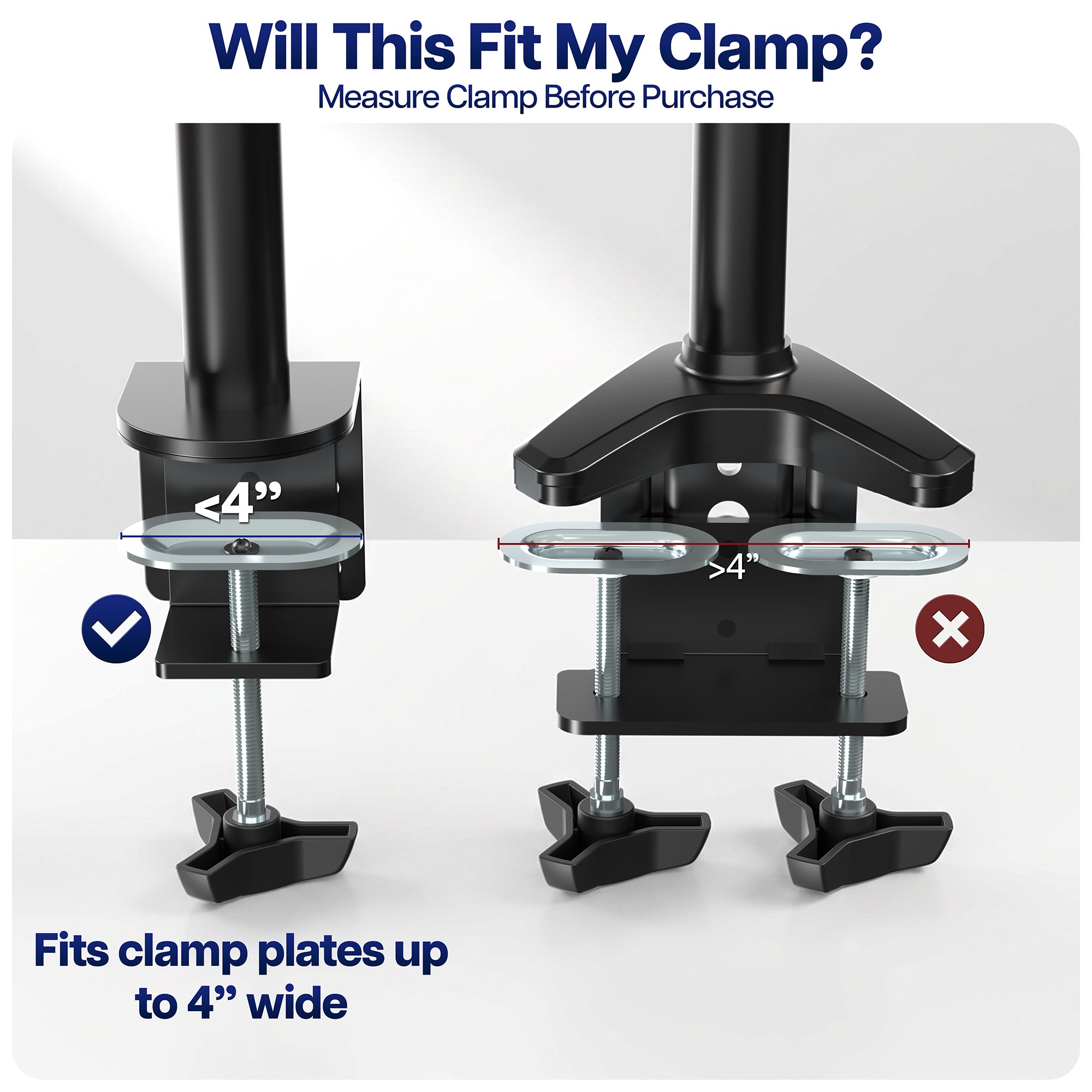 Clamp extension adapter shown with compatible desk clamp configurations for thicker desks and work surfaces