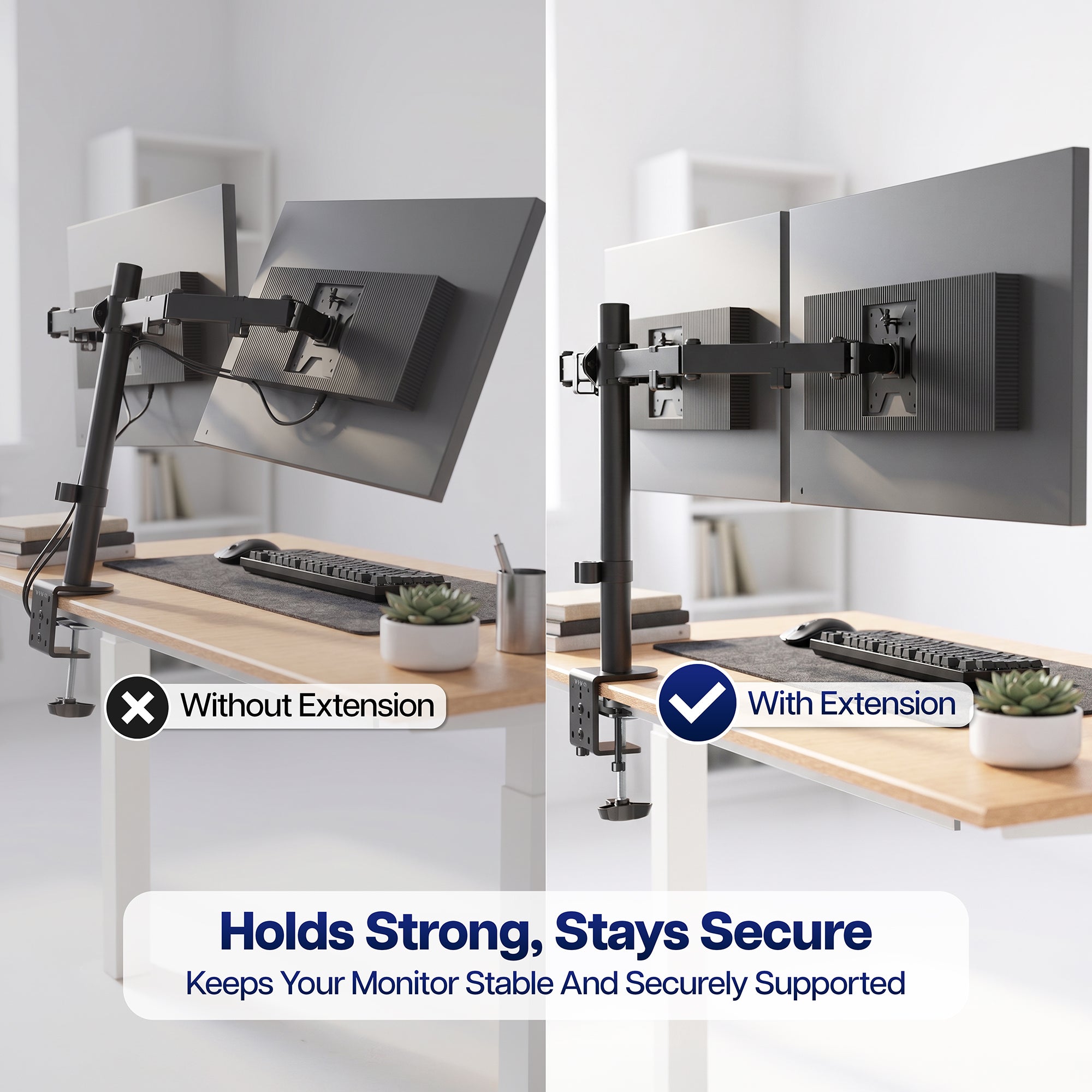 Desk clamp extension adapter creating a strong, stable mounting connection for compatible desk accessories