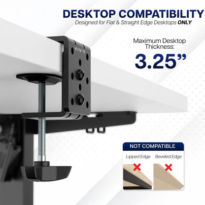 Black desk mount clamp with compatibility information on a white background