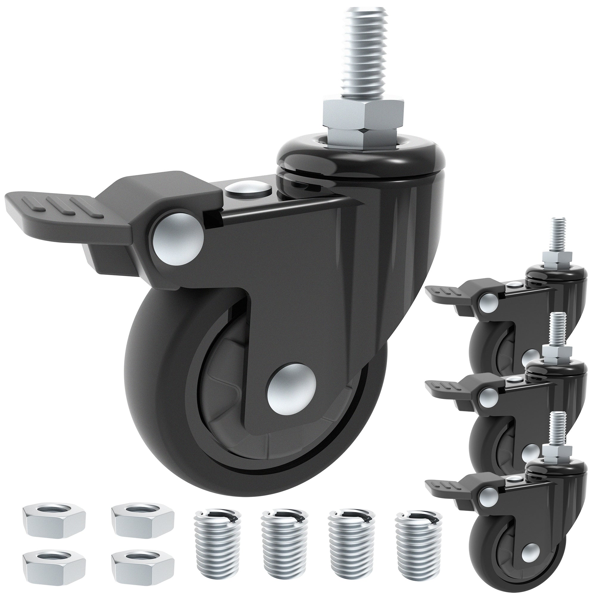 Black heavy-duty swivel caster wheel with a locking nut and threaded bolt, shown alongside three additional wheels and six silver metal nuts and bolts on a white background.