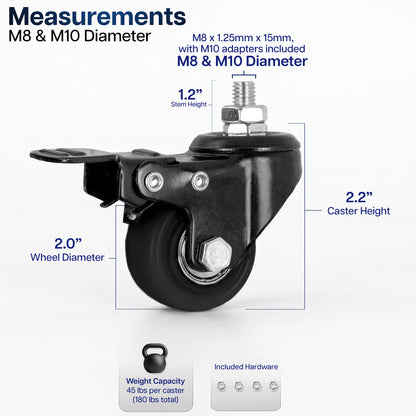 Black caster wheel with dimension labels showing M8 and M10 diameter measurements, stem height of 1.2 inches, caster height of 2.