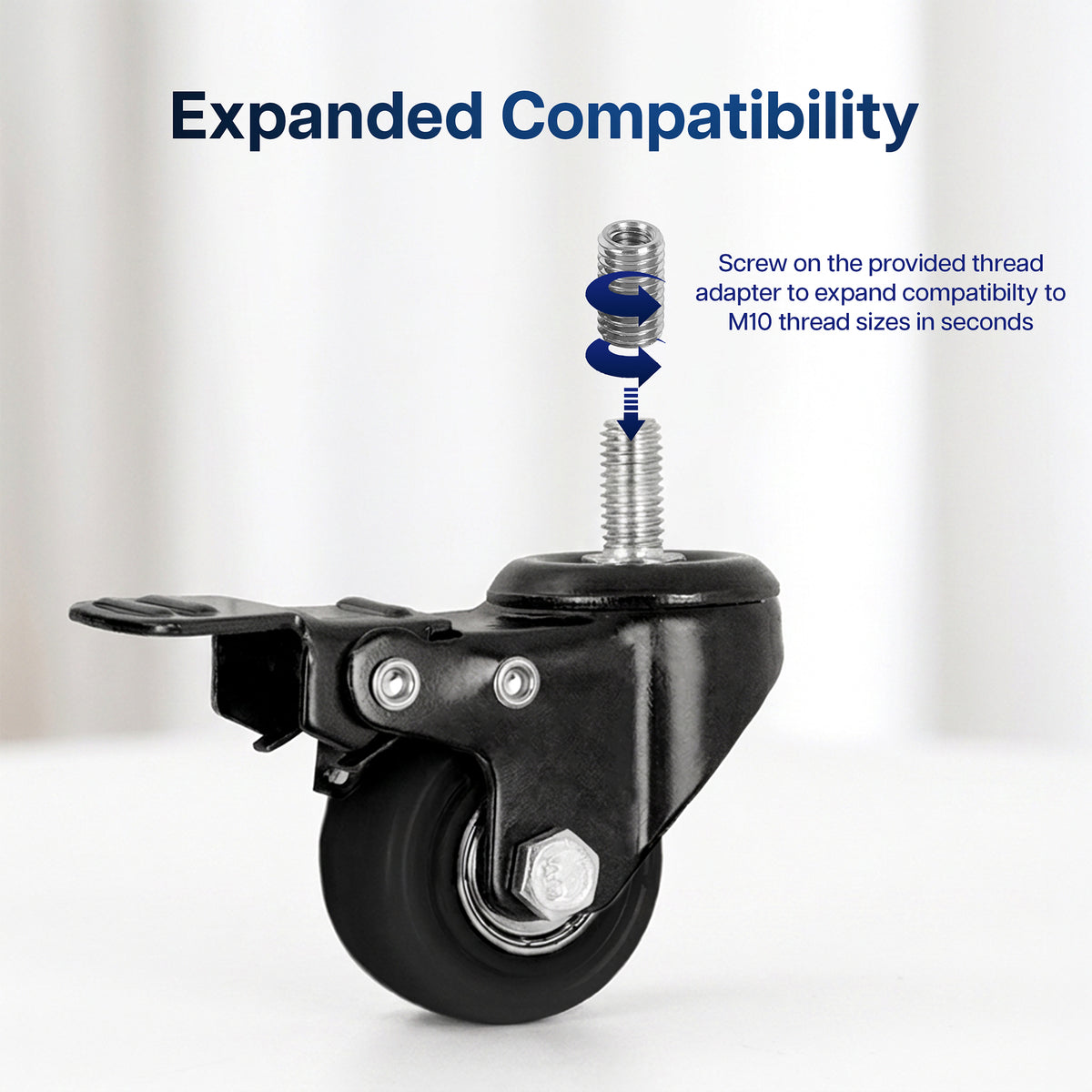 Black caster wheel with metal hardware and a threaded adapter shown on a clean white background, with text reading 'Expanded Compatibility' and a blue arrow indicating compatibility expansion.