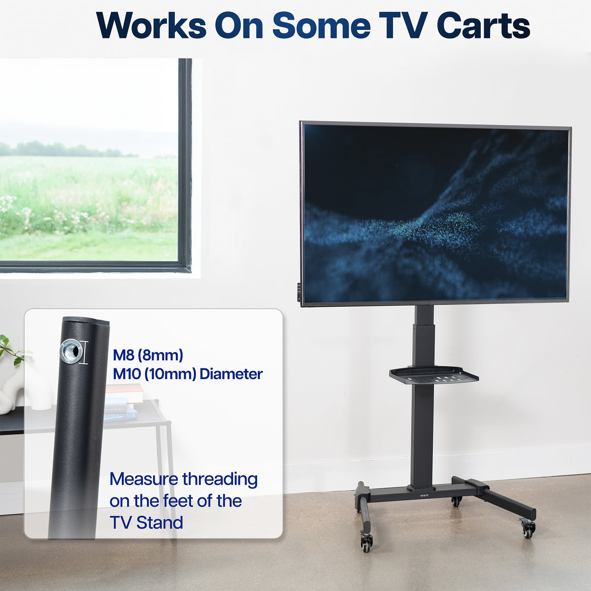 Black TV stand on casters shown beside a large TV screen in a room, with text reading 'Works On Some TV Carts' and an inset showing the stand dimensions and mounting hole details.