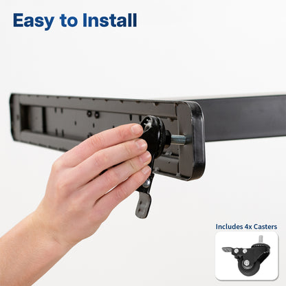 A hand demonstrates how to install a black metal caster wheel onto a mounting bracket, with the text 'Easy to Install' at the top and an inset showing 'Includes 4x Casters' at the bottom right.
