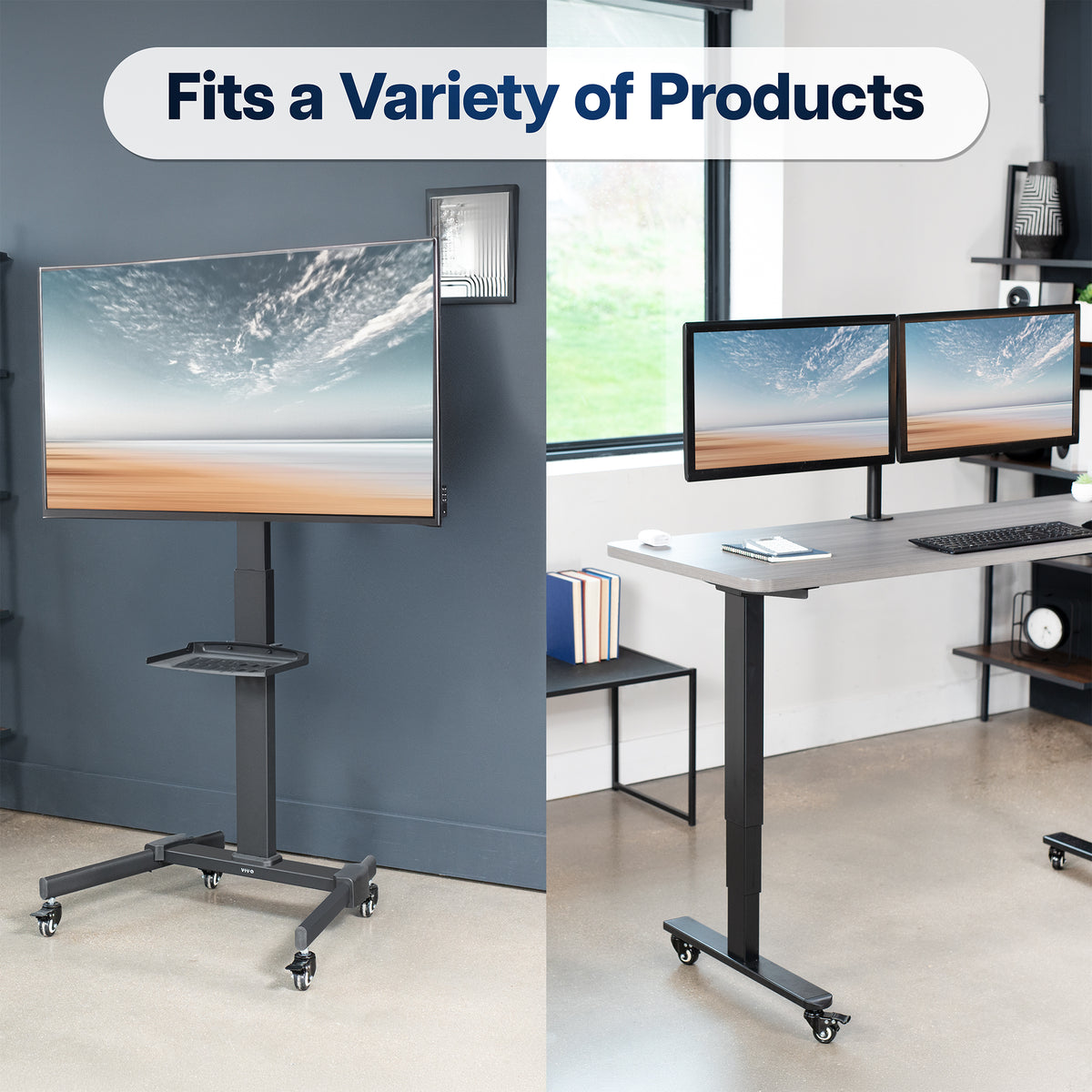 A dual-monitor on an adjustable standing desk and matching monitor stand set shown in a split office scene, with one side featuring a wall-mounted monitor on a stand and the other side showing two monitors on a desk. A text banner at the top reads 'Fits a Variety of Products.