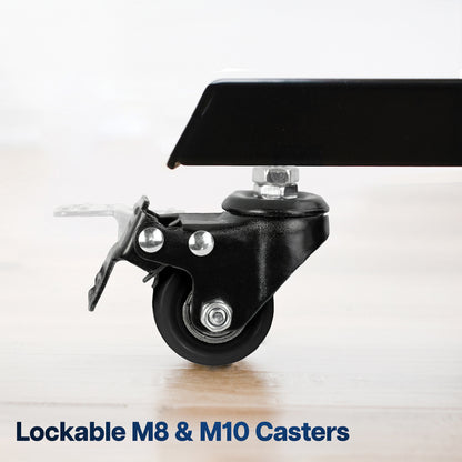 A close-up of a black lockable caster wheel mounted on a black metal frame, with text at the bottom reading 'Lockable M8 & M10 Casters' on a light wood floor background.