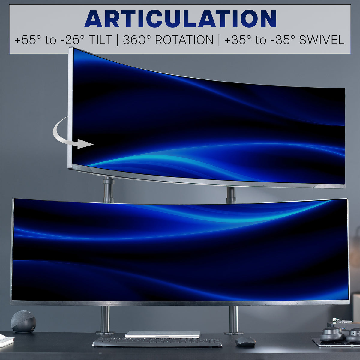 Two computer monitors with text highlighting screen articulation features on a dark background.