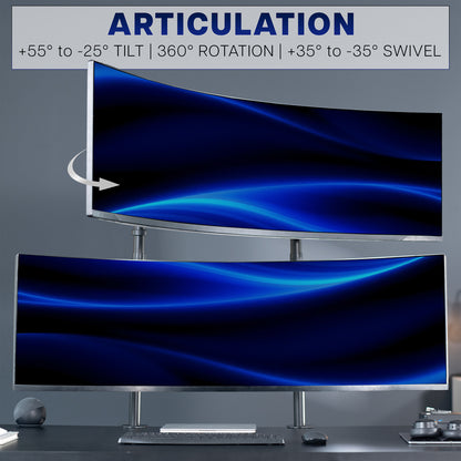 Two computer monitors with text highlighting screen articulation features on a dark background.