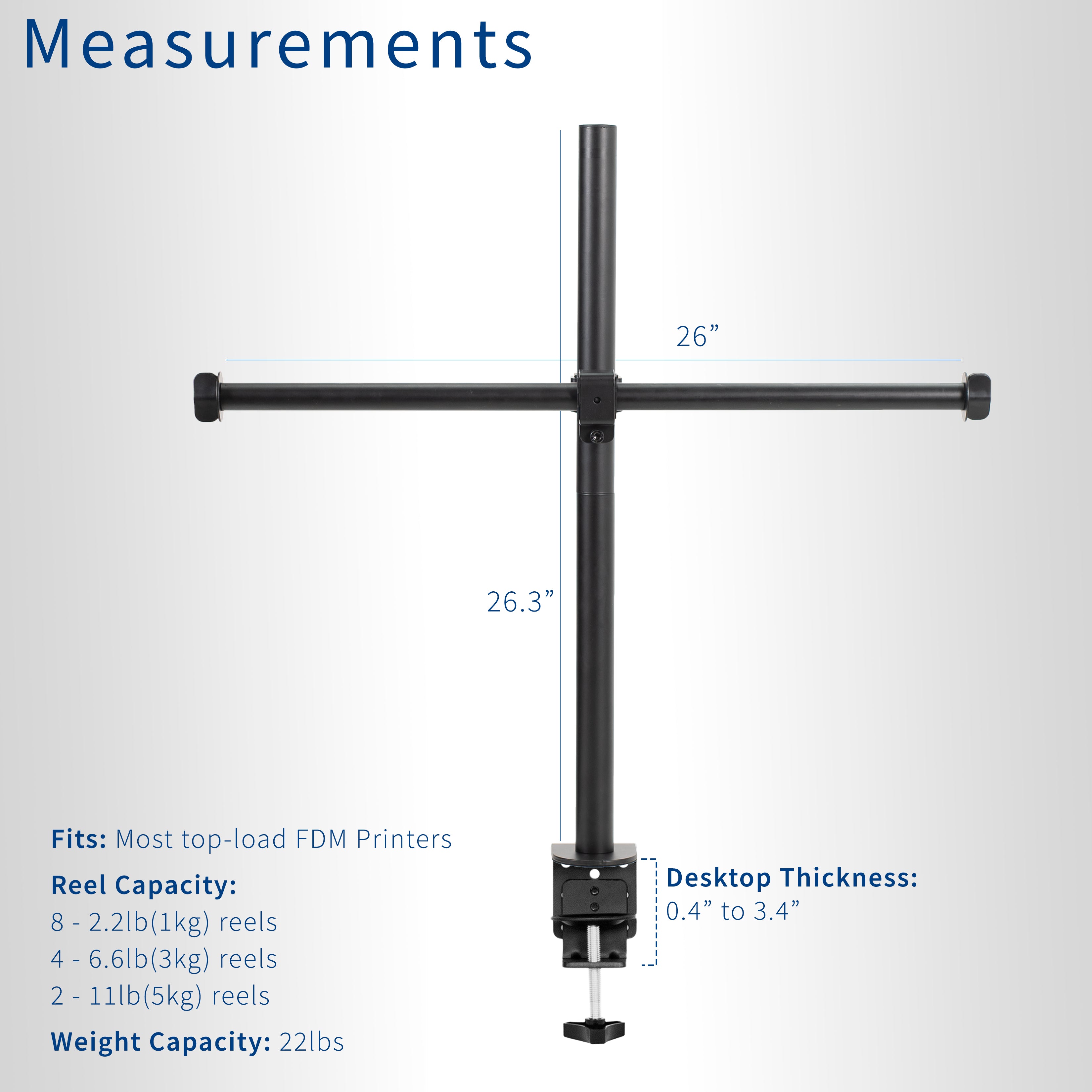 Sturdy clamp-on height adjustable reel holder for 3D printer.