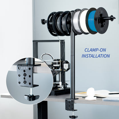 Sturdy clamp-on height adjustable reel holder for 3D printer.