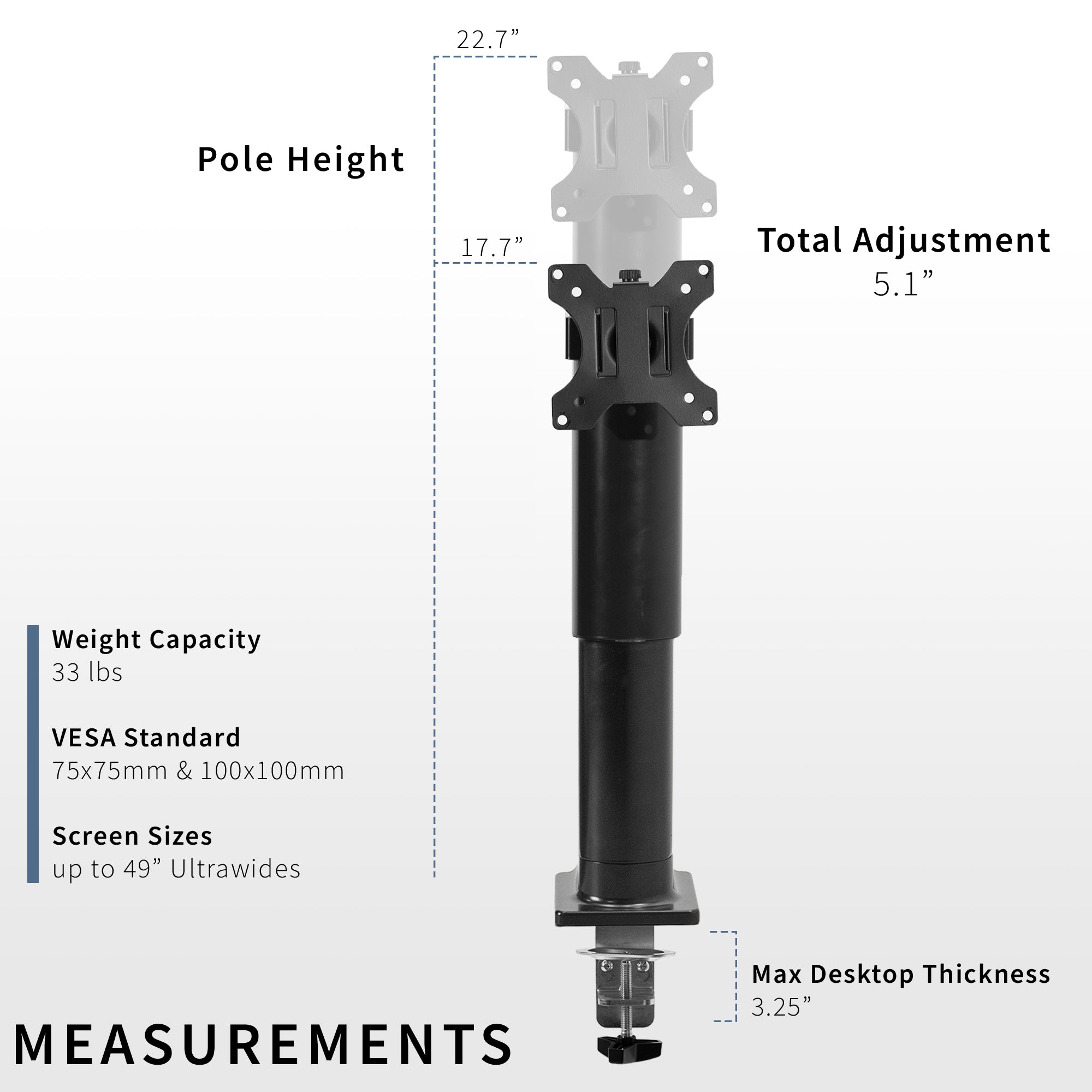 Single monitor ultrawide desk mount with electric height adjustment.