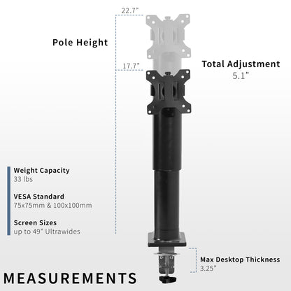 Single monitor ultrawide desk mount with electric height adjustment.