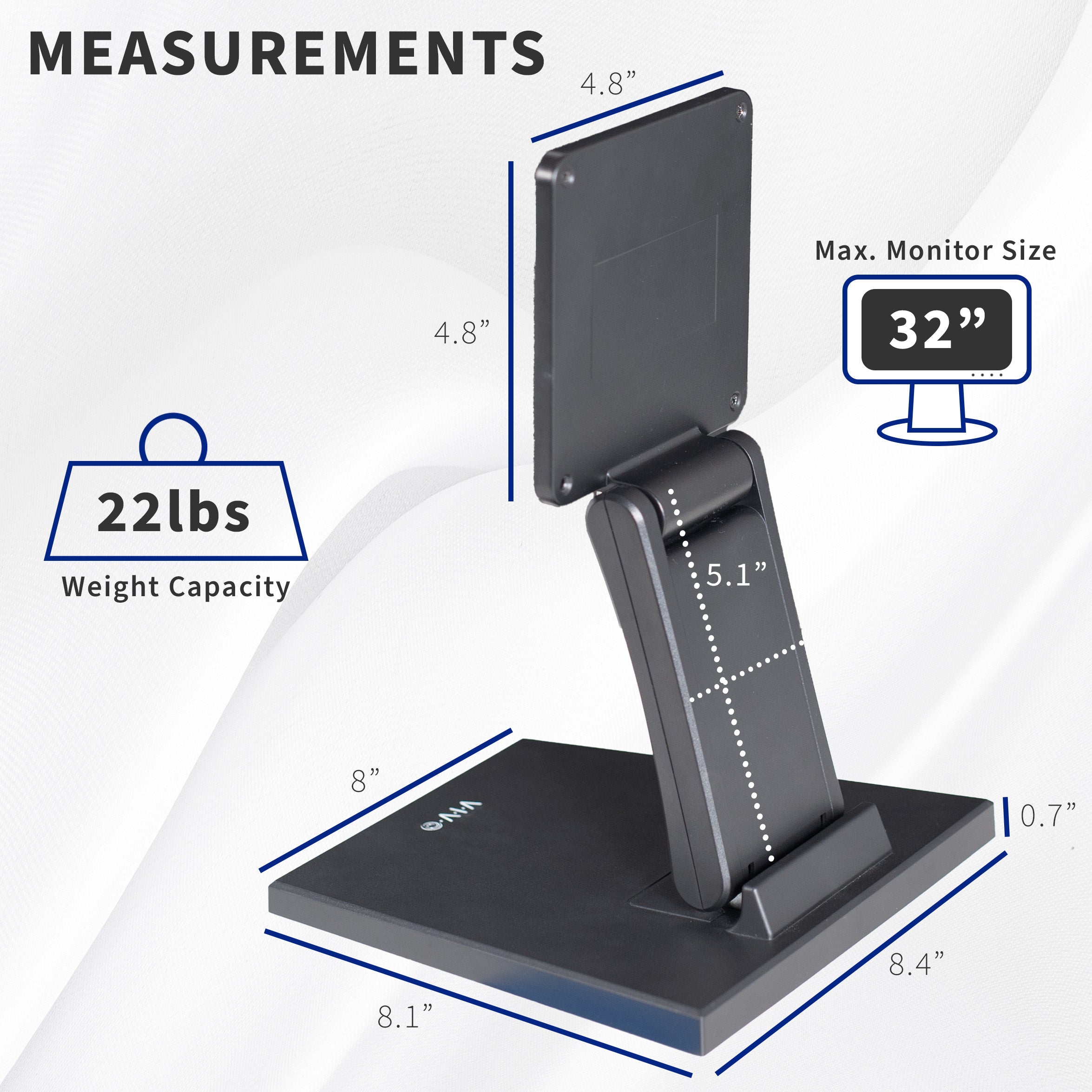 Measurement chart of a monitor stand with dimensions and capacity details.