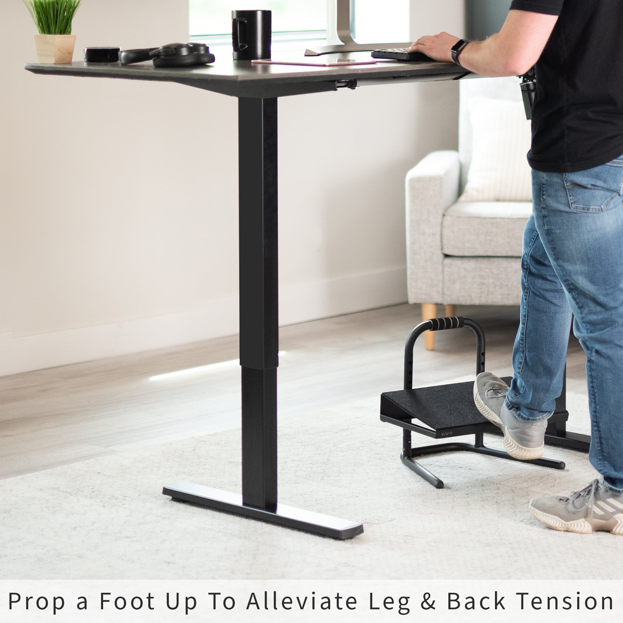 Adjustable footrest designed for workers who sit or stand all day with little ergonomic support.