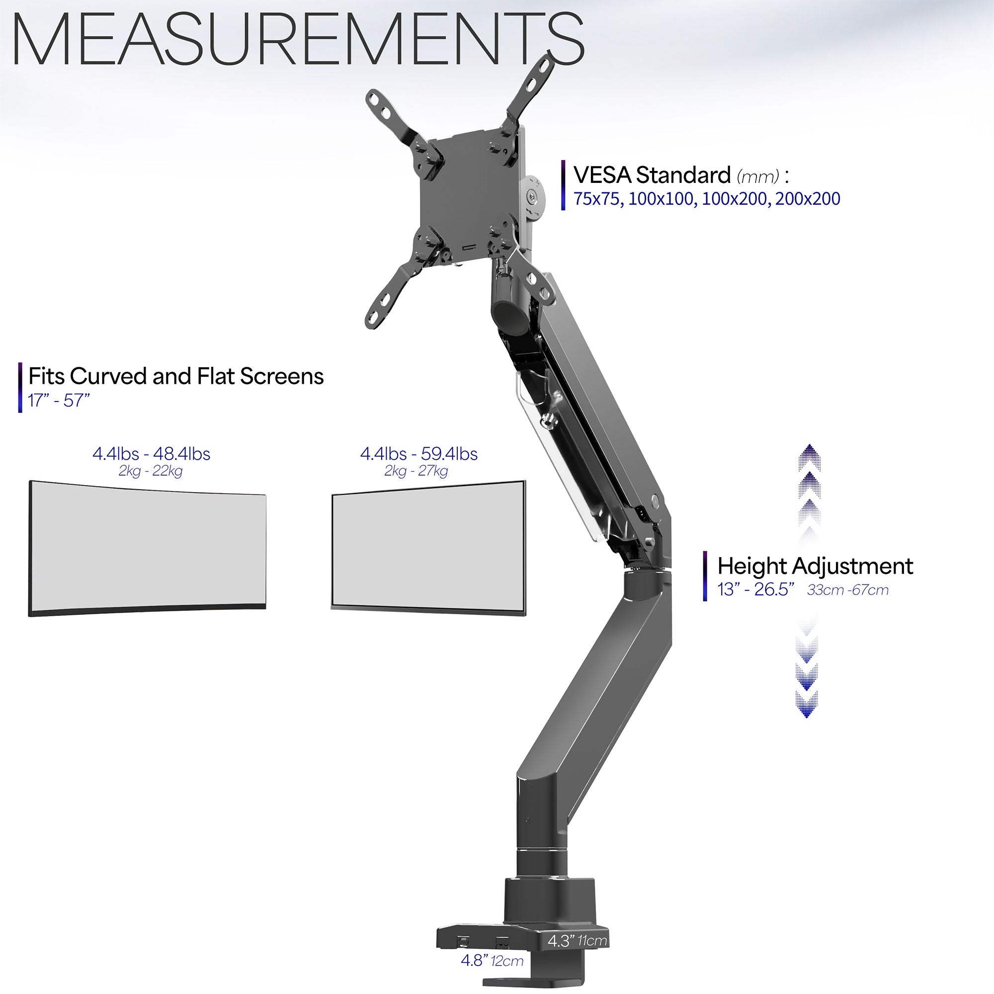 Pneumatic Spring TV and Monitor Desk Mount for curved and flat ultrawide screens.