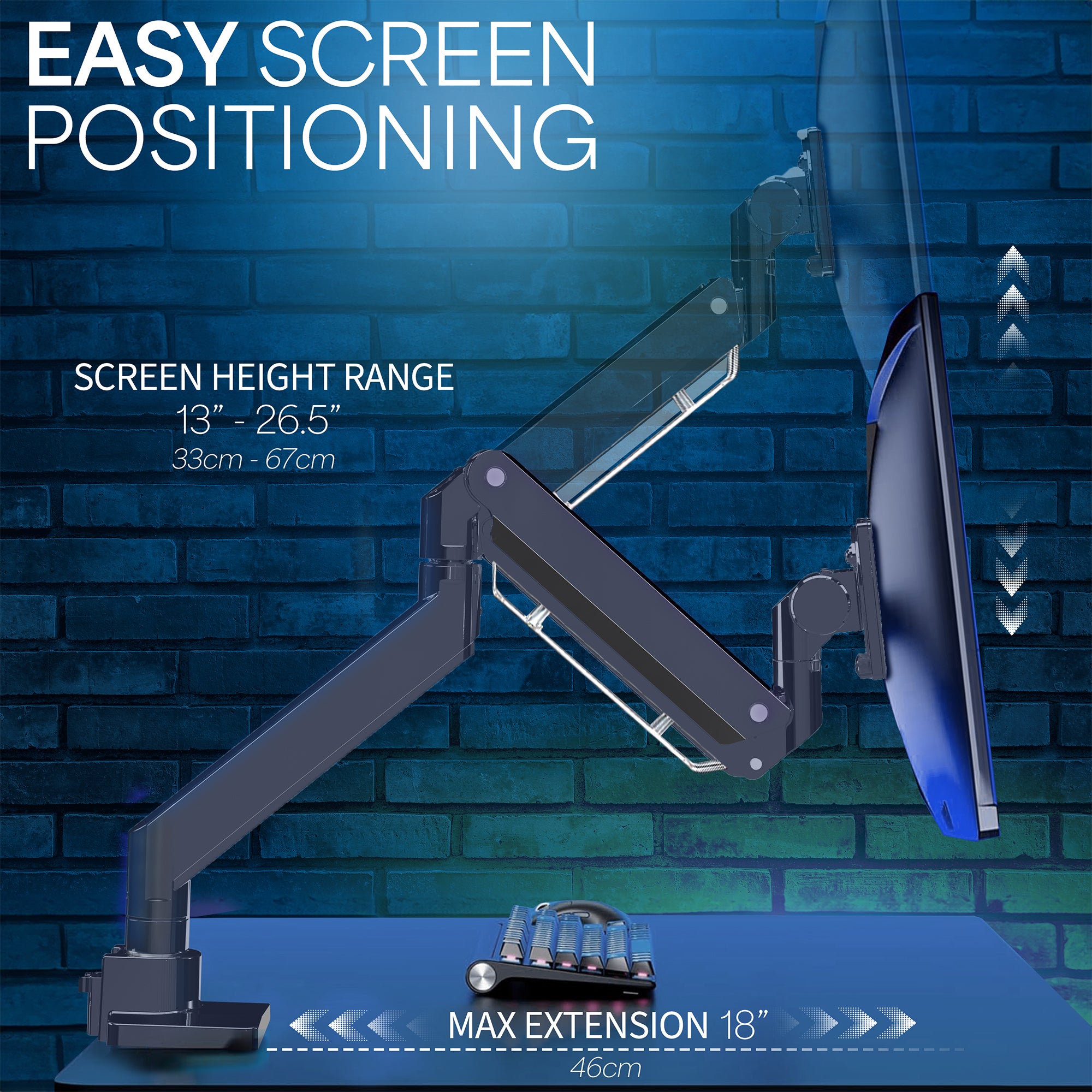 Pneumatic Spring TV and Monitor Desk Mount for curved and flat ultrawide screens.