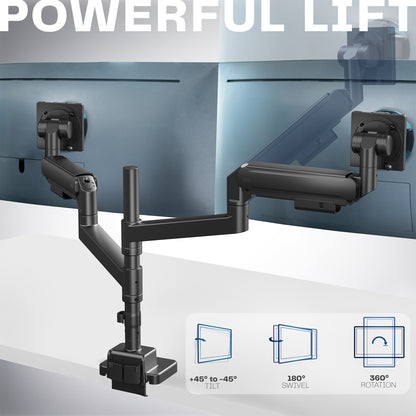 A dual monitor desk mount with pneumatic arms. 