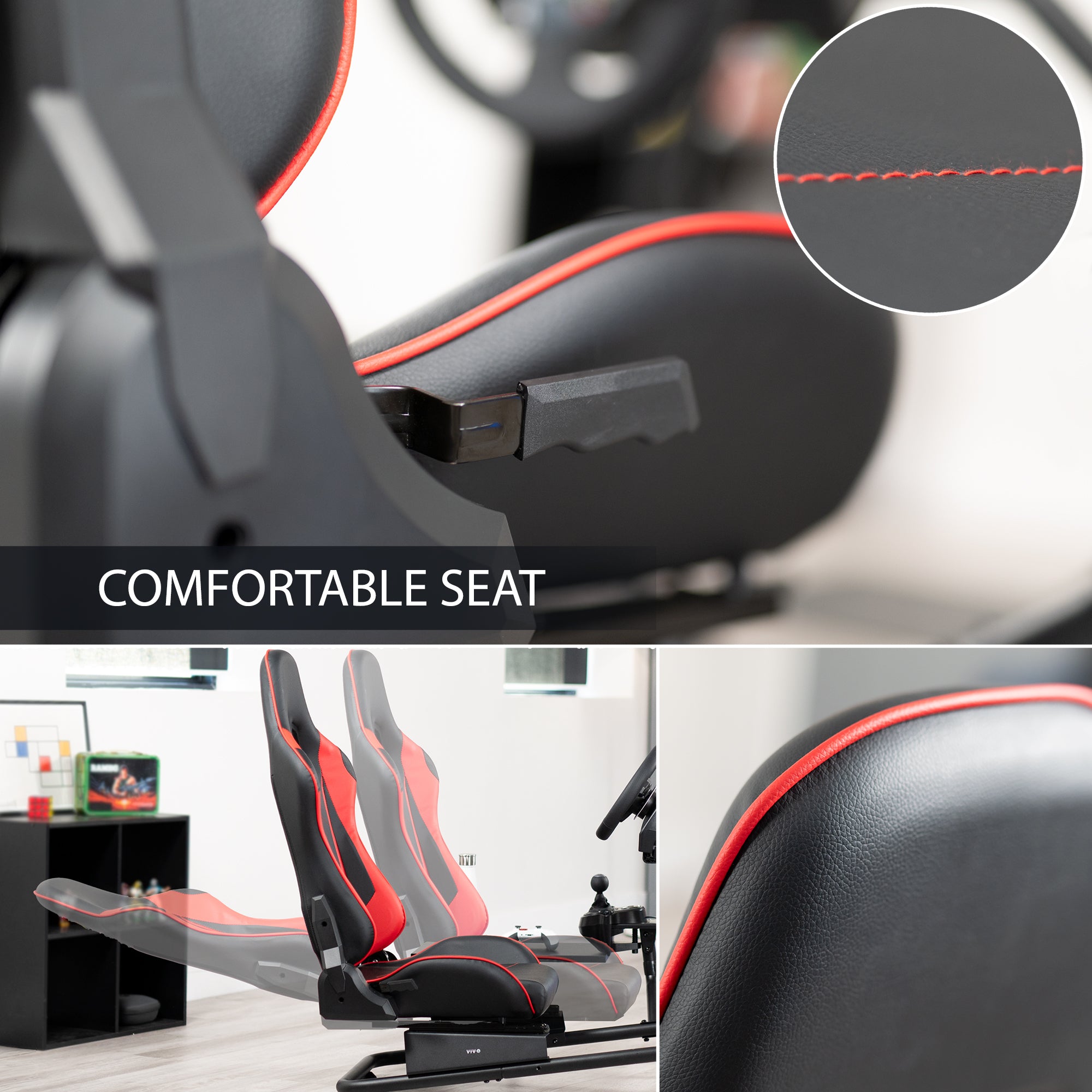 Racing simulator cockpit gaming chair with PC shelf and side shelf.