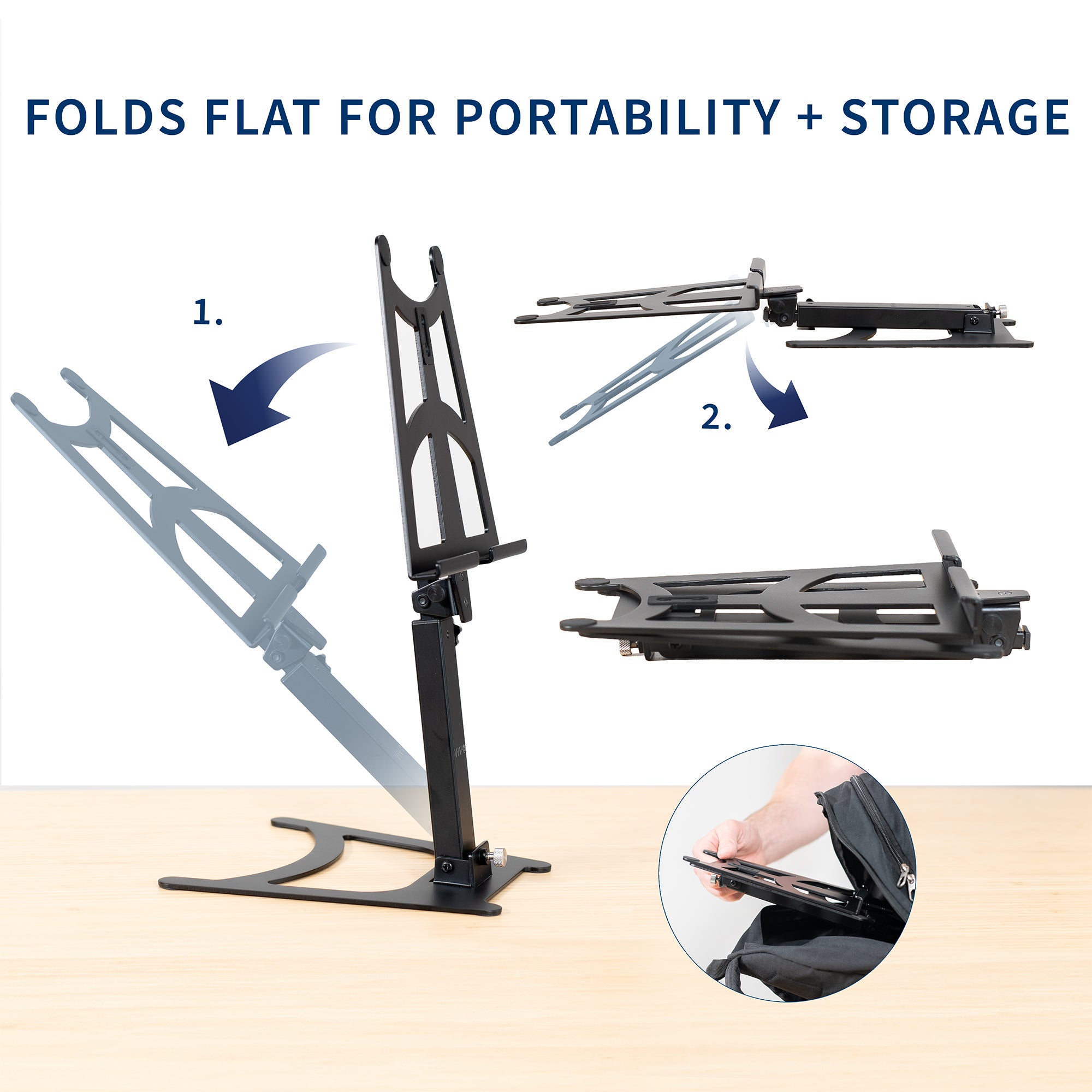 Portable monitor and tablet stand for desk that folds for storage.