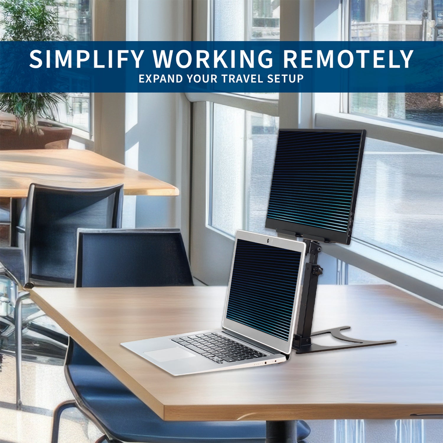 Portable monitor and tablet stand for convenient remote work.